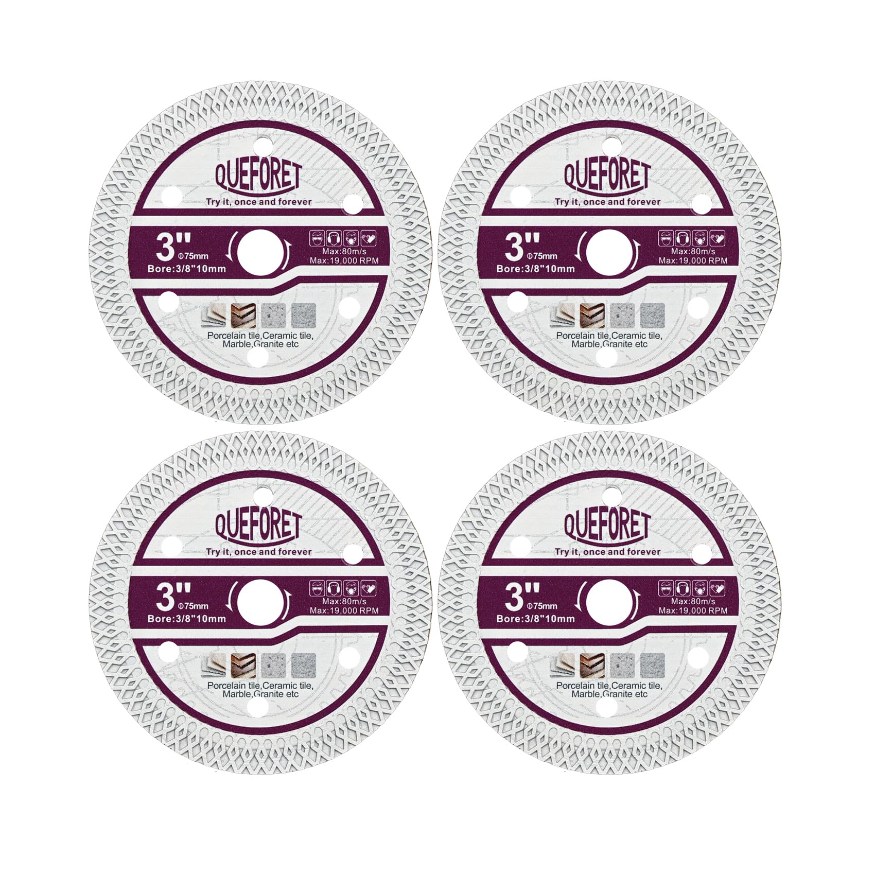 QUEFORET 75mm Diamond Tile Saw Blades - 4pcs Cutting Discs for Porcelain Ceramic Tile Marble Artificial Stone, with 10mm Arbor