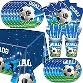 141Pcs Soccer Birthday Party Decorations Disposable Football Birthday Plates and Napkins, Tablecloth, Cutlery, Cups Sets Supplies Baby Shower Supplies Soccer Party Decorations