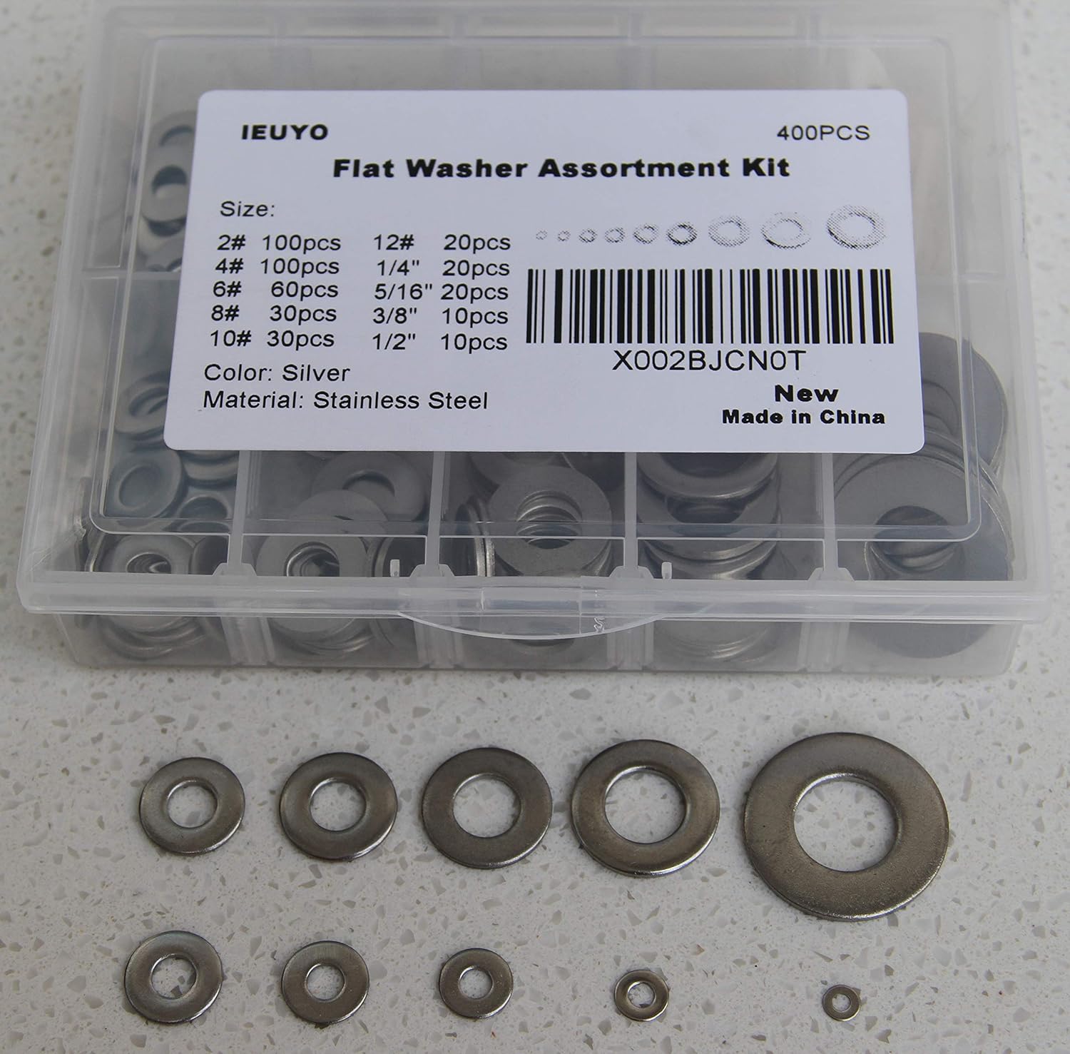 IEUYO 304 Stainless Steel Flat Washer Assortment Kit 2# 4# 6# 8# 10# 12# 1/4" 5/16" 3/8" 1/2",10Sizes/400PCS