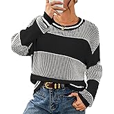Viottiset Women's 2025 Fall Fashion Crew Neck Long Sleeve Striped Color Block Knit Loose Pullover Sweater Tops