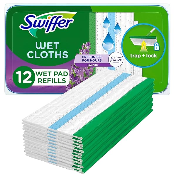 SWIFFER SWEEPER WET MOPPING PAD REFILLS FOR FLOOR MOP WITH FEBREZE LAVENDER SCENT, 12 COUNT (PACKAGING MAY VARY)