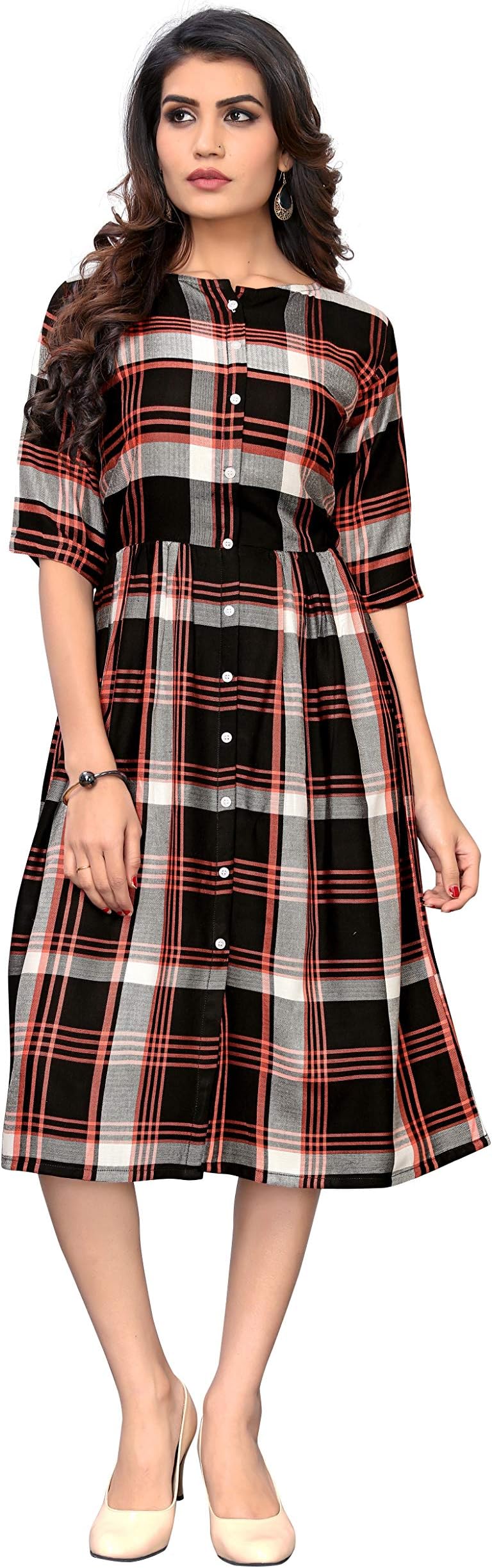 DiEGO Women's Rayon Twill Viscose Checkered Skater Long Dress