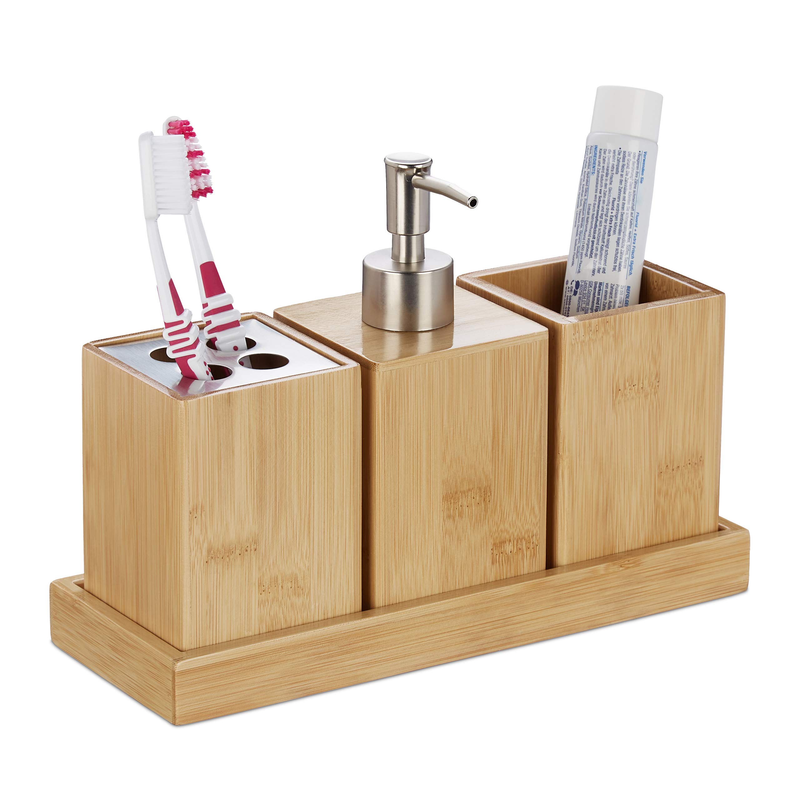 Relaxdays Bathroom Accessories Set, 4-piece, Bamboo & Steel, Soap Dispenser, Toothbrush Holder, Tumbler, Tray, Natural