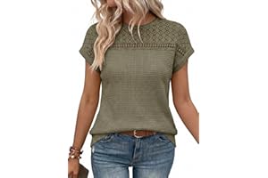 Dokotoo Women's Tops Casual Crewneck Short Sleeve Waffle Knit Hollow Out Shirts Loose Tunic Tops Blouses