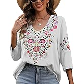 Higustar Women's Embroidered Tops Boho Floral Tunics Fiesta Shirts Peasant Hippie Clothes Traditional Bohemian Blouses