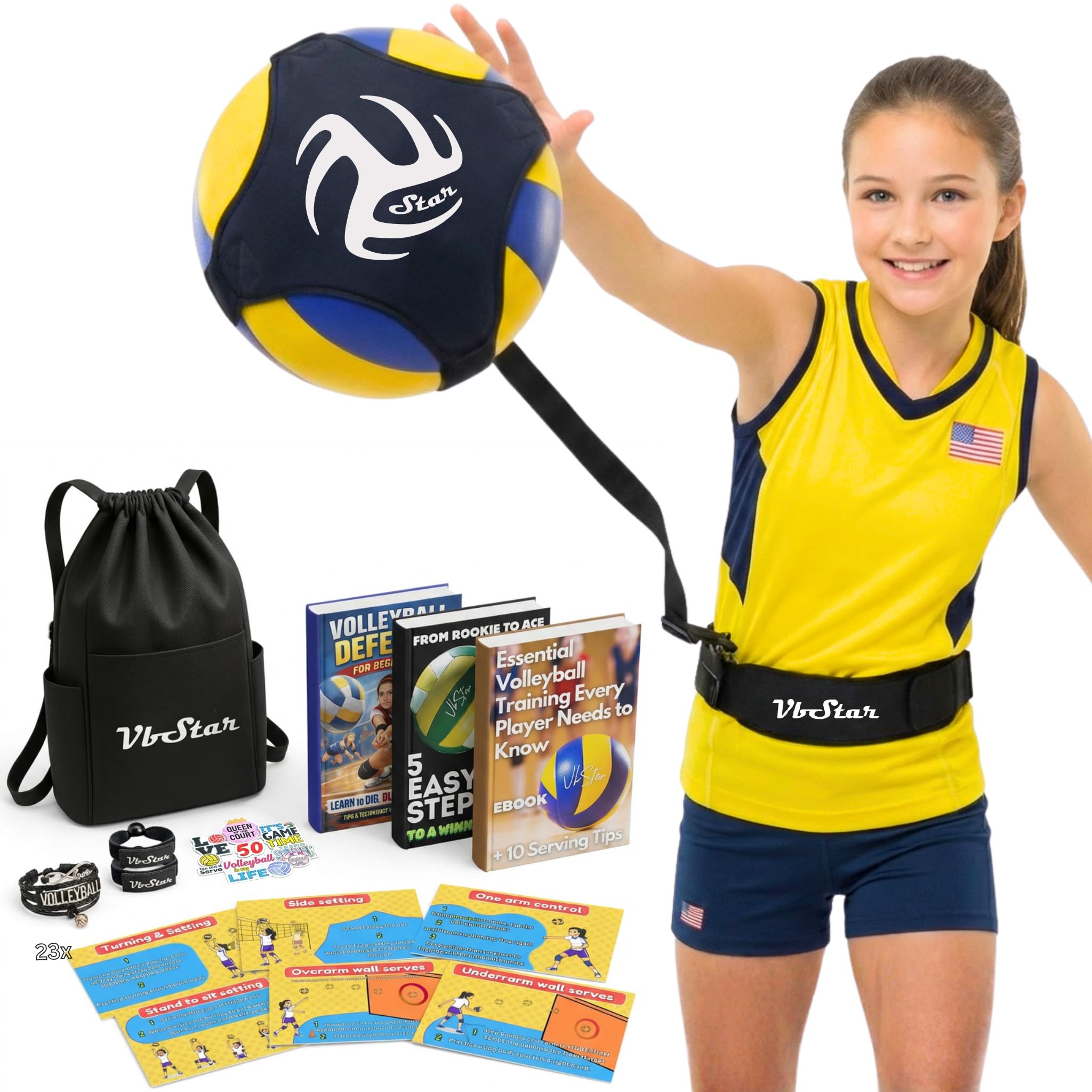 Volleyball Star Training Equipment - 1 Ball Rebounder for Solo Practice Your Serve And Spike +2 Setting Trainer Straps For a Proper Hand Placement +1 Drawstring Backpack +1 Handmade Bracelet