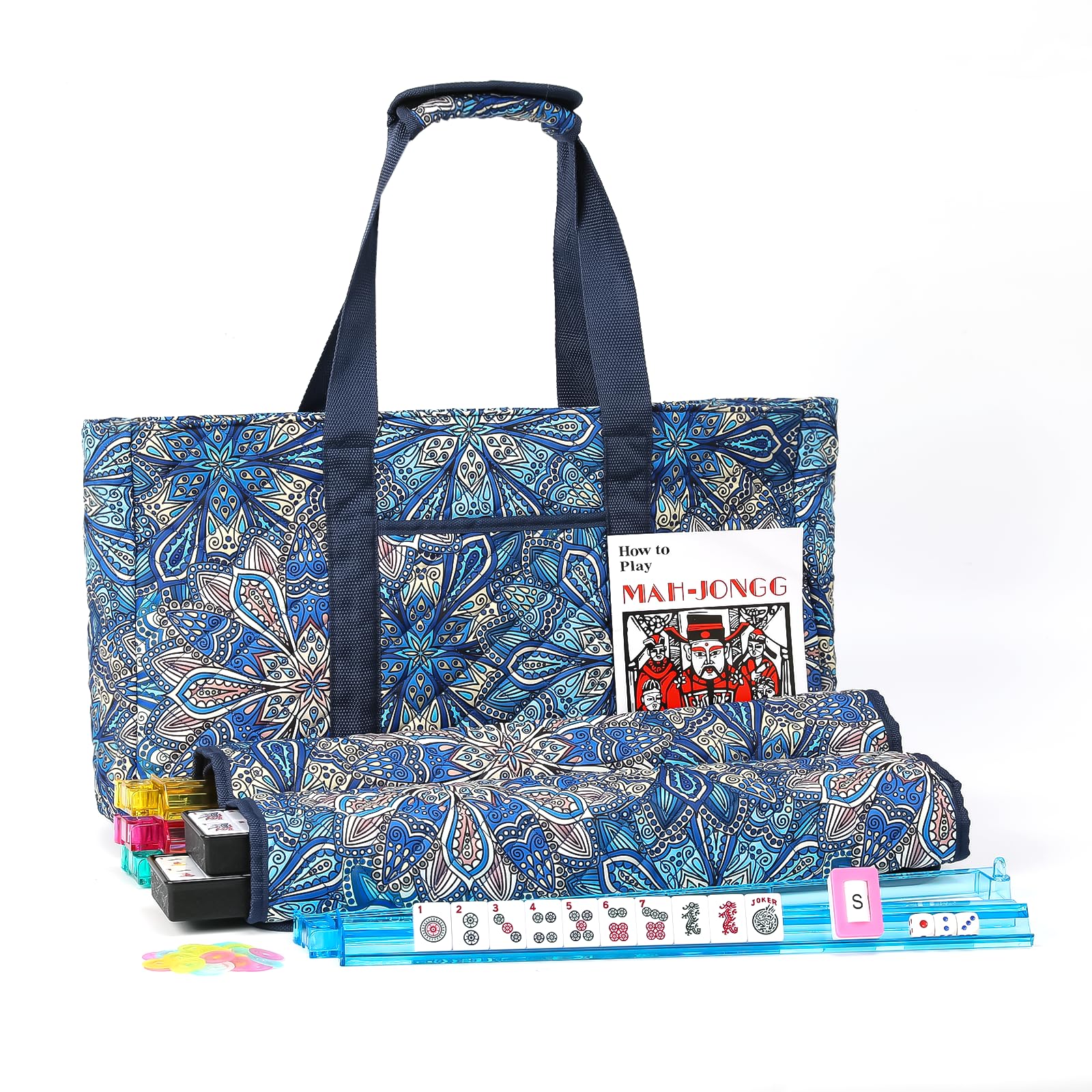 Photo 1 of Kyerlish American Mahjong Tile Set with Blue Printed Carrying Bag, 166 Premium Tiles, 4 All-in-One Color Racks/Pushers, Mah Jongg Sets, Mahjong Game Set for Travel, Christmas, Birthday Gifts