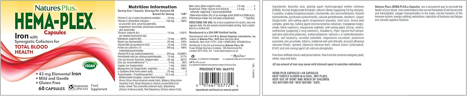 NaturesPlus Hema Plex Capsules, Gentle, Fast Acting Iron Capsules with Vitamin C, Methyl B12, Folate - Image 3