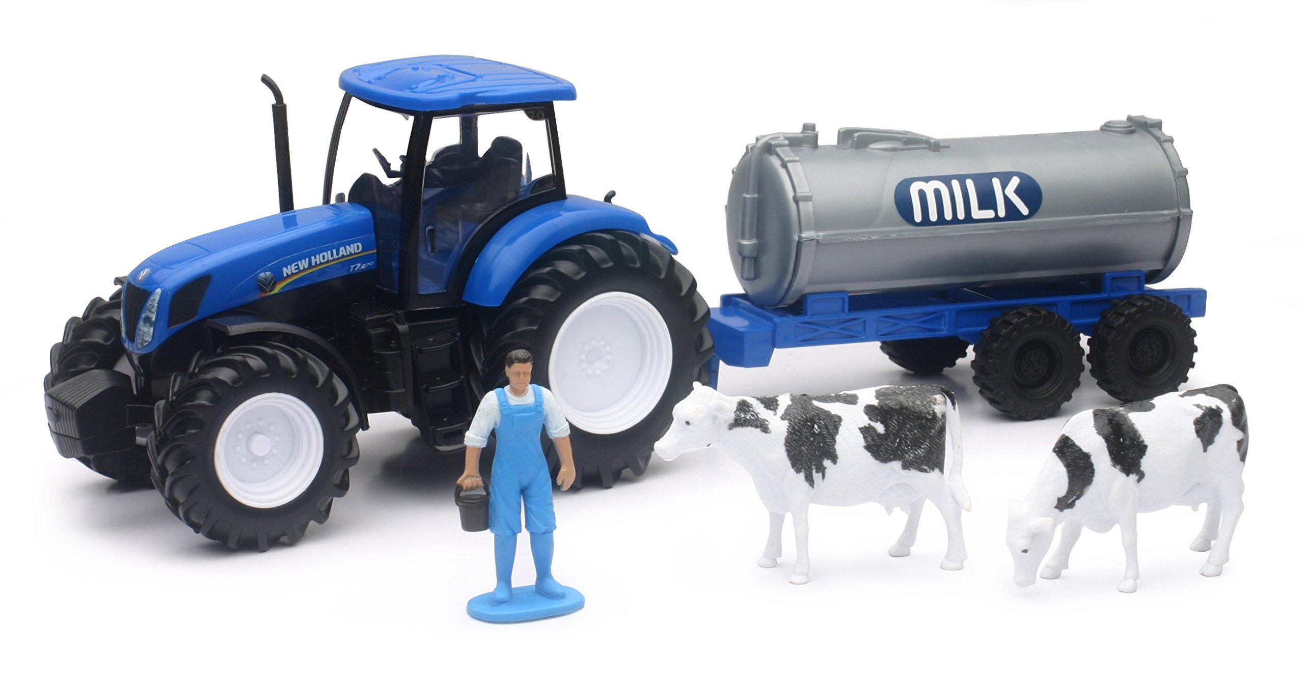 New Ray New Holland T7.270 Tractor + Milk Butt with 1 Character and 2 Cows 05523 A Green