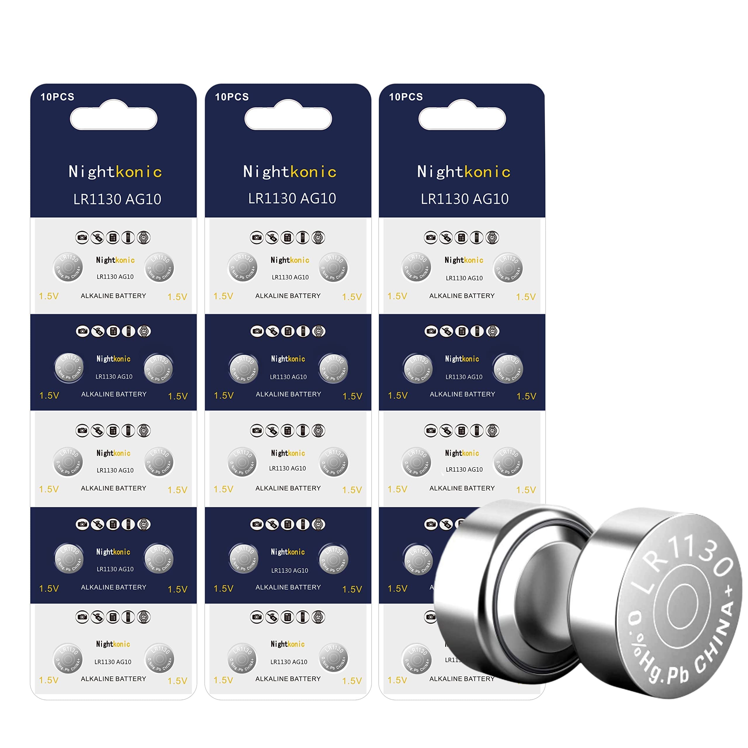 Nightkonic 30 Pack - AG10 LR1130 Battery 1.5V Button Cell Batteries