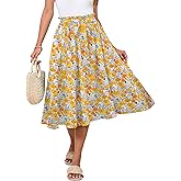 Poplab Women's Elastic High Waist Pleated A-Line Midi Skirts with Adjustable Tie Belt Side Pockets