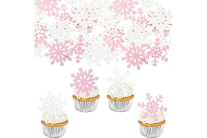 Ephlyn 60Pcs Edible Snowflake Cupcake Toppers Edible Wafer Paper Winter Frozen Theme Snowflakes Frozen Cake Decorations for Christmas Winter Holiday Frozen Theme Party Supplies Pink White
