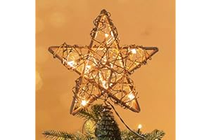 ODEETRONIC Rustic Tree Topper Lights, 10" Rattan Natural Christmas Star Tree Topper, 10 Clear Lights Warm White Hollow Tree Topper, 120V UL Certified Christmas Star Topper for Xmas Tree Home Party