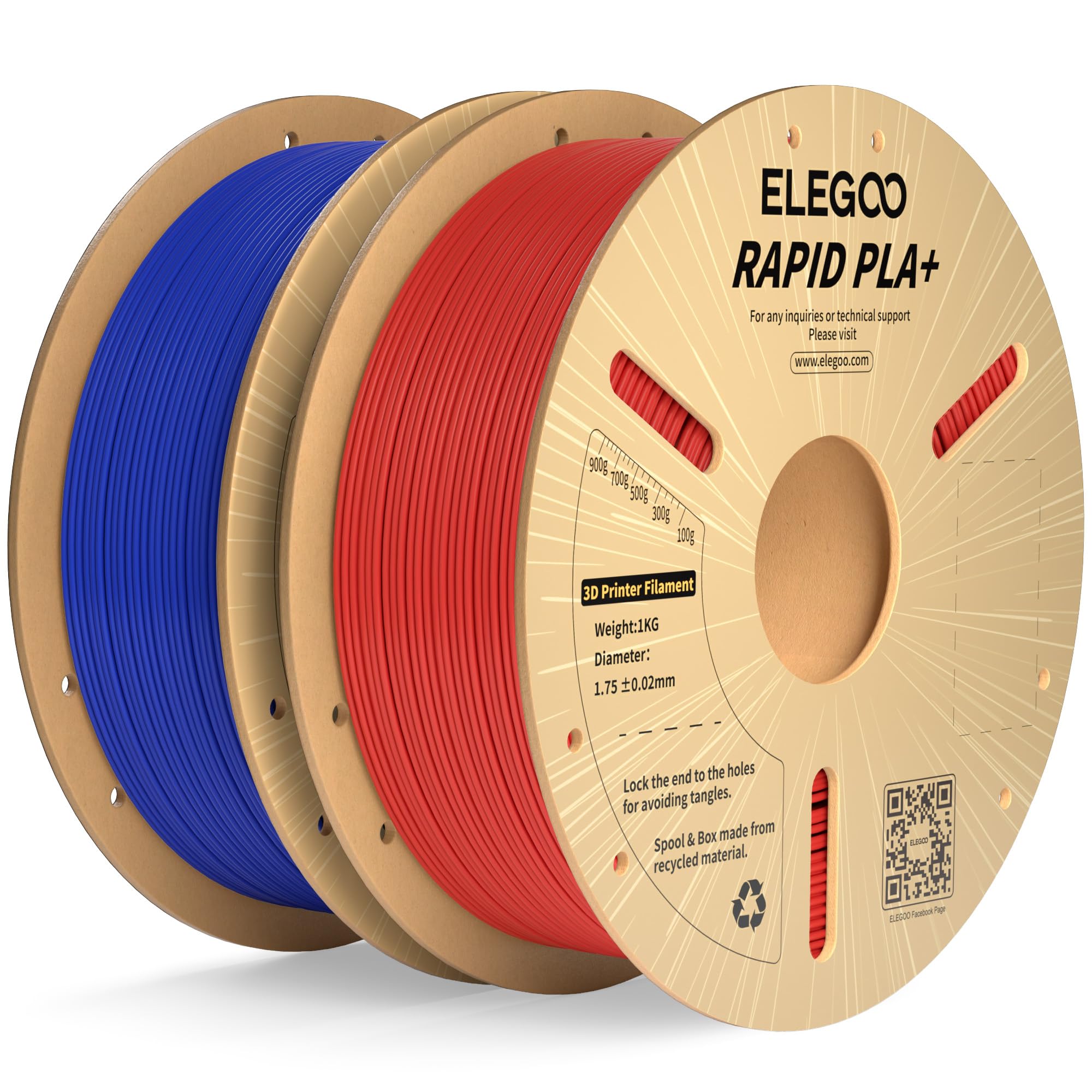 ELEGOO Rapid PLA Plus Filament 1.75mm Blue & Red 2KG, PLA+ 3D Printer Filament for 600 mm/s High Speed Printing, Dimensional Accuracy +/- 0.02 mm, 2 Pack 1kg Cardboard Spool(2.2lbs) Image