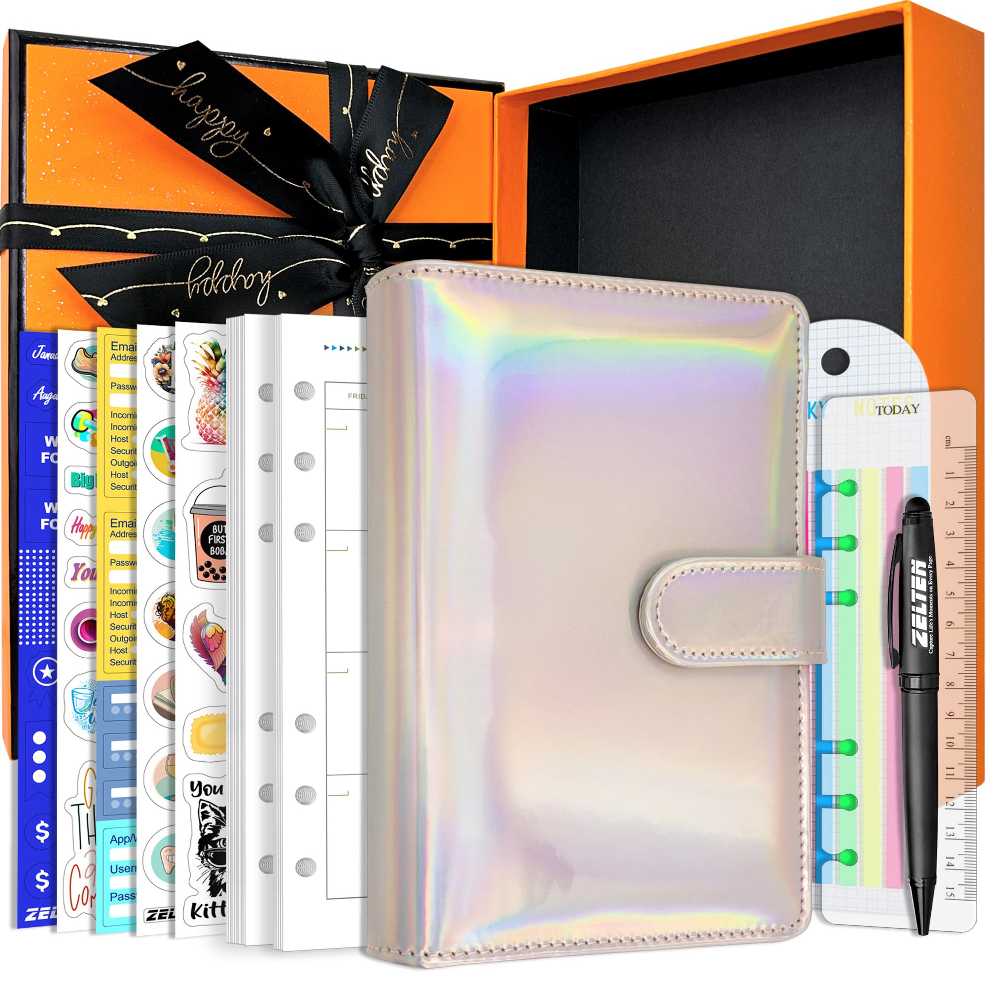 Zelten PU Leather Personal Notebook Planner with 67 Pages Loose-Leaf Papers 6 Holes Ring Binder Pen Holder Magnetic Buckle (Rainbow,A6 Gift Box)