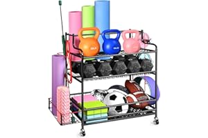 Dumbbell Rack Weight Stand SPIDERCAMP 4 Tier Yoga Mat Storage Rack Home Gym Storage Rack Upgraded Weight Rack for Dumbbells Workout Equipment Storage Organizer Garage Storage Rack With Lockable Wheels and Hooks