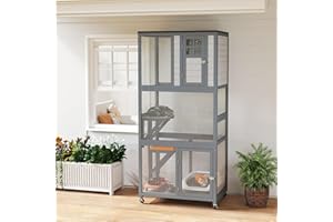 PawHut 74" H Wooden Catio Cat Enclosure, Indoor Outdoor Kitten House with Weatherproof Asphalt Roof & Brake Wheels, Resting B