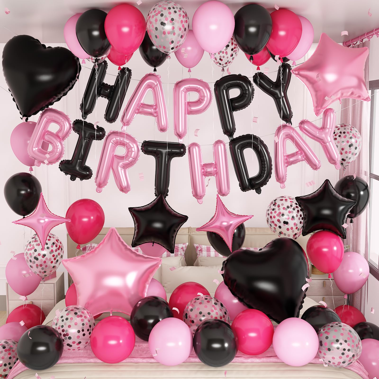 Pink and Black Birthday Decorations for Girls Women Hot Light Baby Pink Black Balloons Confetti Party Balloon Happy Birthday Banner Heart Balloons 18/10 Inch Star Balloon for Bday Party Supplies