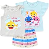 Nickelodeon Baby Shark Girls&rsquo; T-Shirt, Tank Top and Short Set for Infant and Toddler &ndash; Pink/Blue Or Multicolor/Grey/Blue