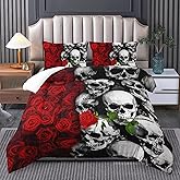 Tuzaovy Gothic Queen Size Bedding Set - Skull & Rose Comforter, Black & Red Quilt