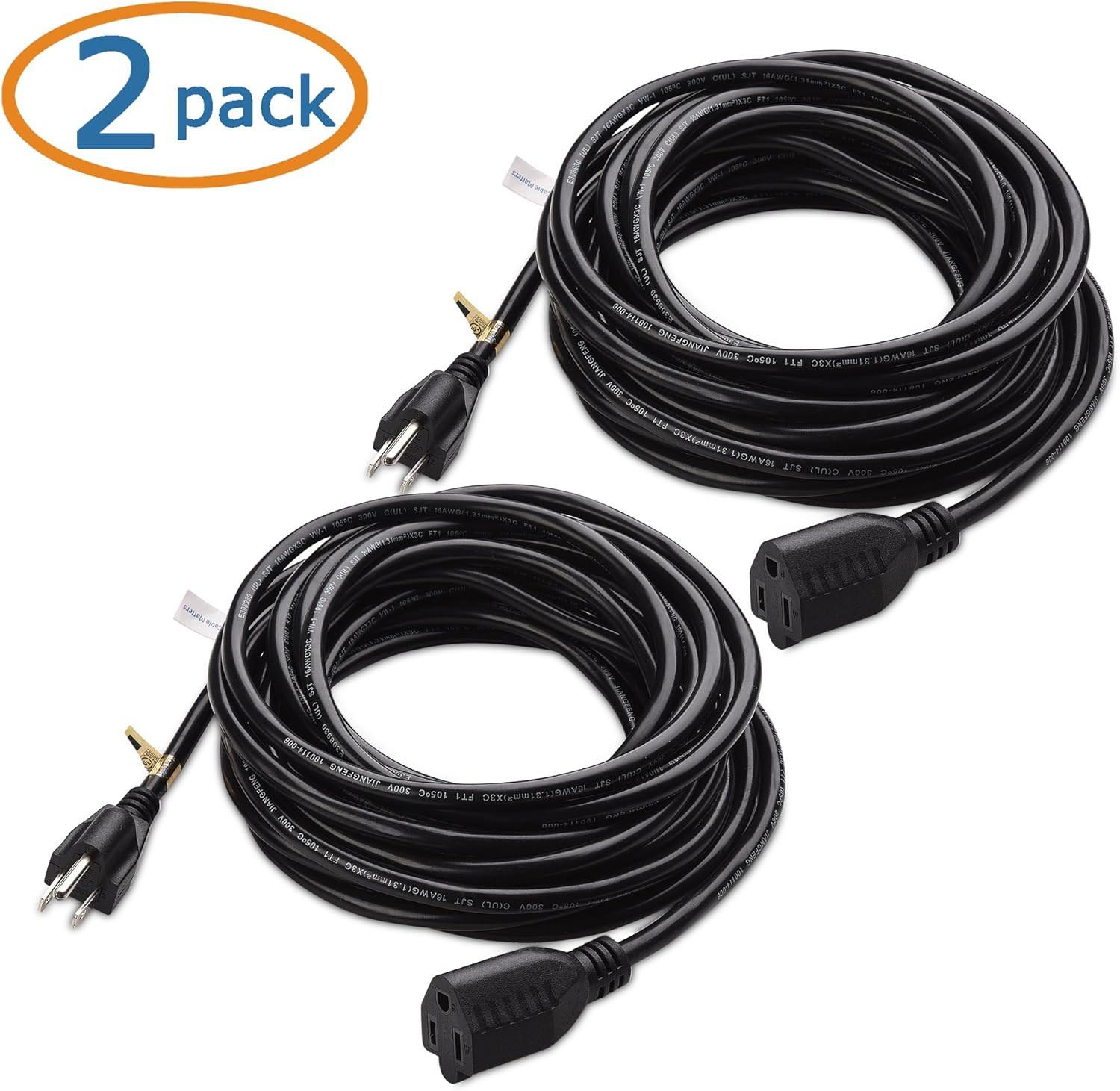 Cable Matters 2-Pack 16 AWG Heavy Duty AC Power Extension Cord (Power Extension Cable) in 15 Feet (NEMA 5-15P to NEMA 5-15R): Electronics