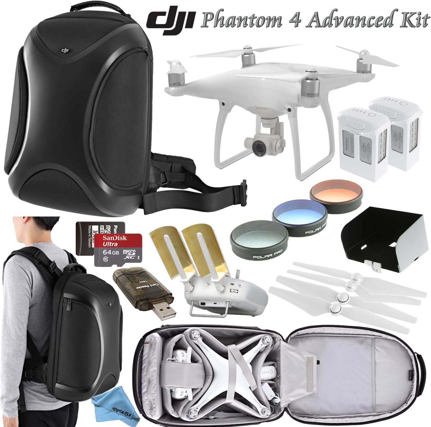 DJI Phantom 4 Advanced Bundle: Includes Spare Battery, Polar Pro Filter Kit, Antenna Range Extenders, 64GB MicroSD Card, DJI Phantom 4 Backpack and more...