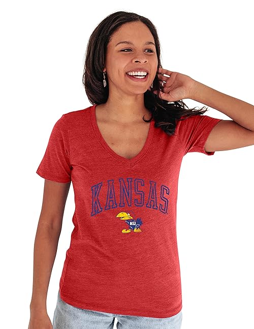 Blue 84 Kansas Jayhawks Women's Tri-Blend T-Shirt Vintage Arch Over Secondary Color, Red, Medium