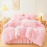 ERLOXO Fluffy Pink Faux Fur Comforter Cover Set,Fuzzy Plush Bedding 3Pcs (1 Faux Fur Duvet Cover +2 Fuzzy Pillowcases) Fluffy Bed Set (Pink, Queen)