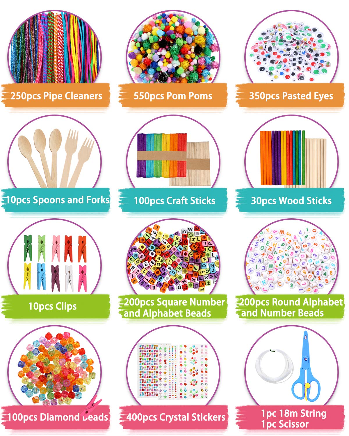 Caydo 3000 Pcs Kids Art and Crafts Supplies, Toddler DIY Craft Art Supplies Set Include Pipe Cleaners, Pom Poms, Portable 3 Layered Folding Storage Box Great Gift for Kids