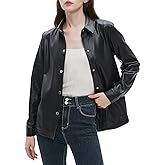 Beinia Women's Long Sleeve Pu Faux Leather Button Down Shirts, Stylish Office Work Blouse Tops Jacket, Snap Button