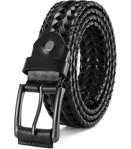 ECHAIN Men Braided Woven Genuine Leather Belt (Waist:28-30, Black