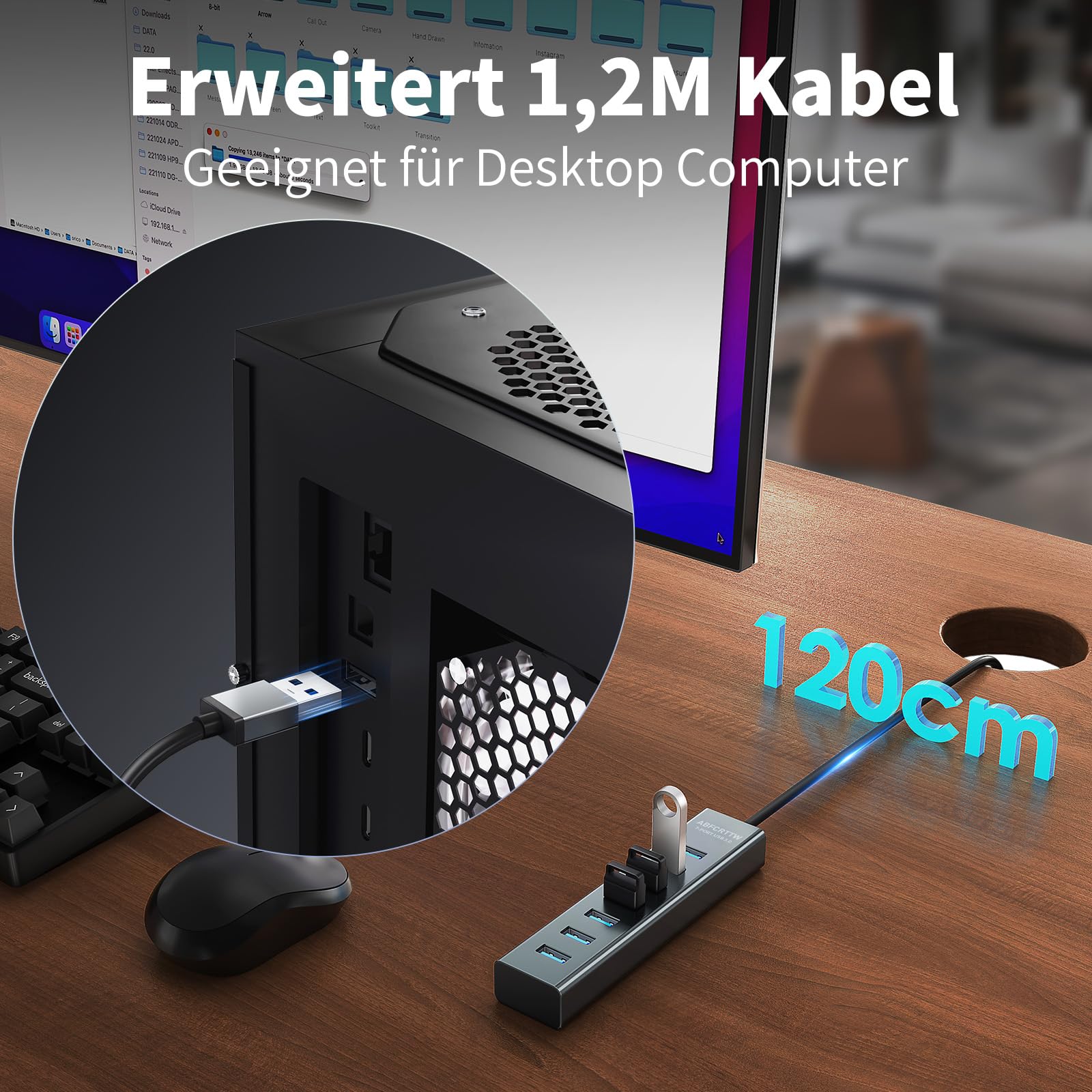 7-Port USB Hub 3.0 mit 120cm Kabel für Desktop, Aluminium USB Verteiler 5Gbps Multiport Adapter Splitter mit 5V 3A Type-C Port für PC, Laptop, MacBook, U-Disk, Maus 3