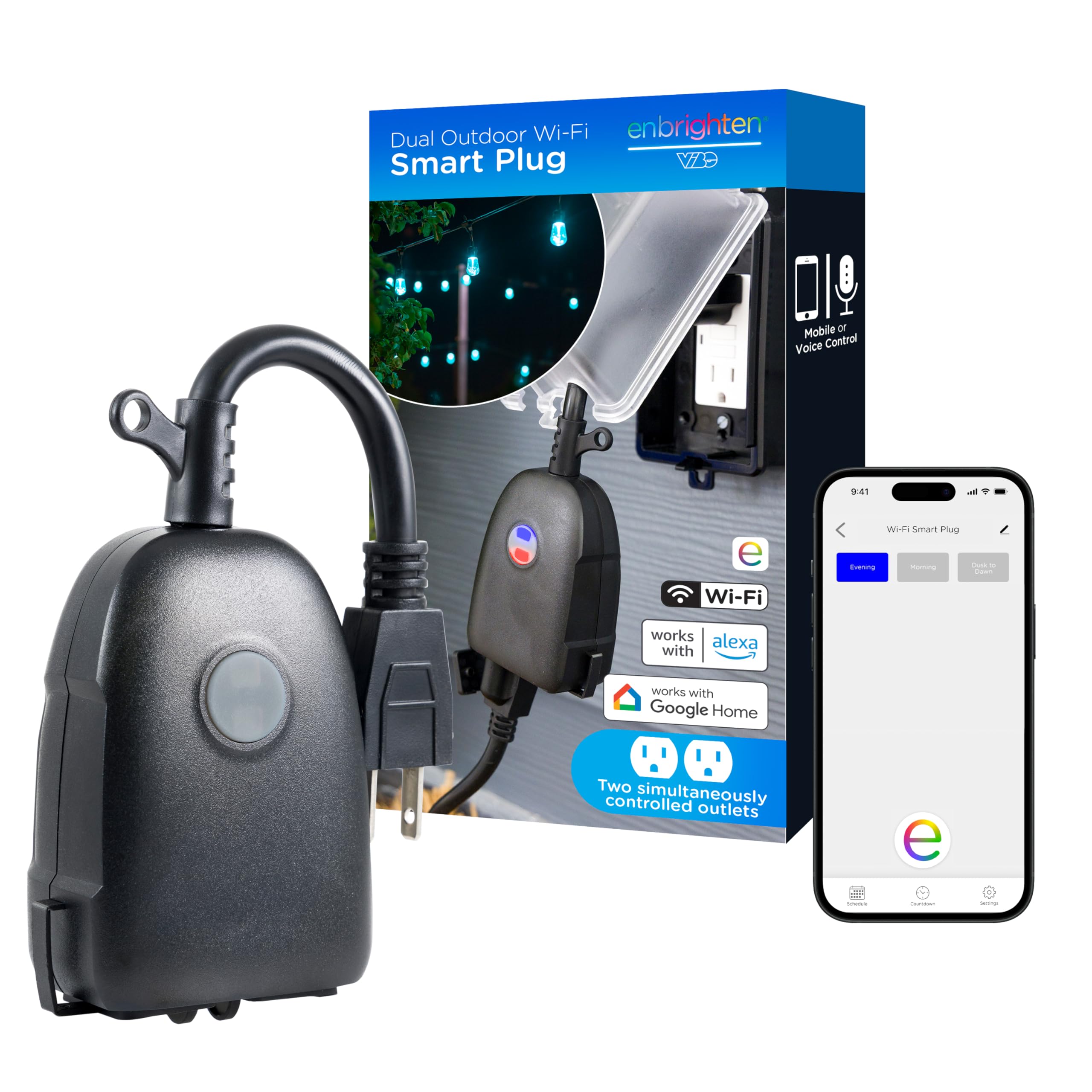 Photo 1 of Enbrighten Vibe Outdoor Smart Plug, 2 Grounded Outlets, Weather-Resistant, Custom ON/Off Controls, Schedule Outdoor Lighting, Compatible with Alexa, Google Assistant, Black, 51251