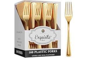 Exquisite 160 Disposable Plastic Gold Forks Silverware, Fancy Plastic Cutlery, Heavy Duty Quality Utensils for Catering Forma