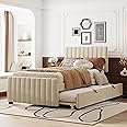 Merax Twin Size Velvet Upholstered Platform Bed, Wood Bed Frame with Twin Size Trundle, Beige