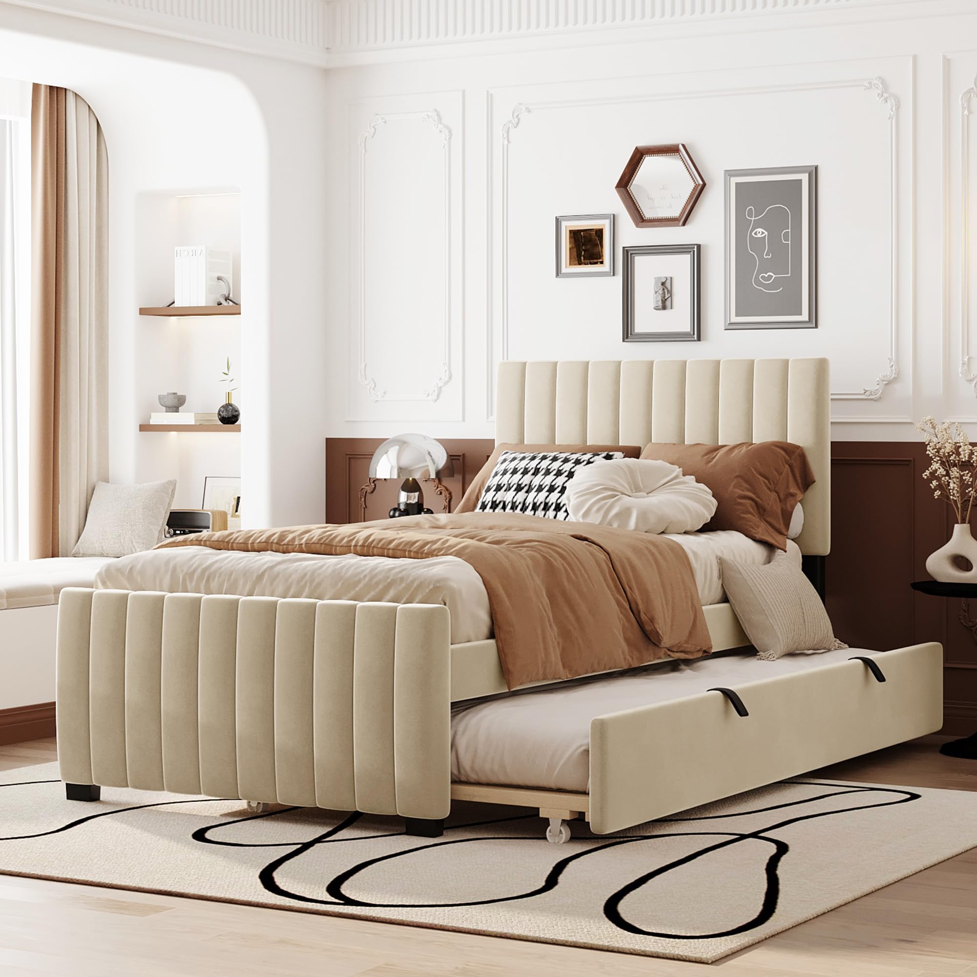 Photo 1 of *ONLY BOX 2 OF 2 (TRUNDLE)* Twin Bed Frame with Trundle Bed,Velvet Upholstered Bed Frame,Twin Size Trundle Bed with Headboard,Upholstered Platform Bed Twin for Kids Teens Adults(Beige)