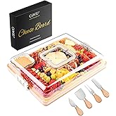 CAWIU Charcuterie Board with Lid and Handle - Portable Travel Design Bamboo Cheese Board Set with 4 Cheese Tools, Gift for Housewarming, Weddings, Picnics (1 Compartment, White)