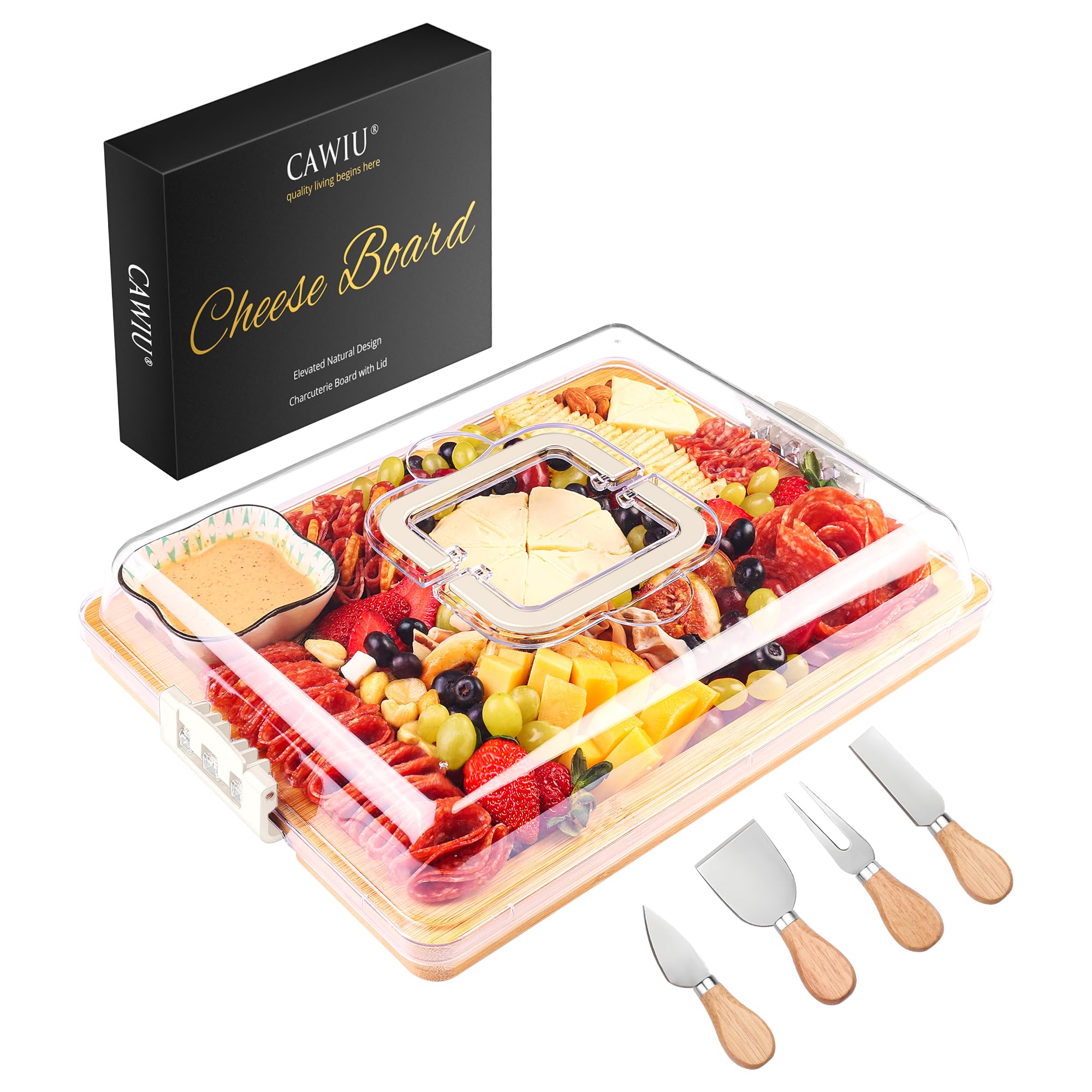 CAWIU Charcuterie Board with Lid and Handle - Portable Travel Design Bamboo Cheese Board Set with 4 Cheese Tools, Gift for Housewarming, Weddings, Picnics (1 Compartment, White)