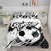 Smell Sunshine Black and White Soccer Comforter Set Sport Themed Printed Bedding Set with 1 Comforter and 2 Pillowcases for Boys and Girls Bedroom All Season(Soccer Queen)
