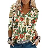 Womens Western Tops 3/4 Length Sleeve Shirts V Neck Graphic Shirts for Women Loose Casual Tunic Blouses Cactus Desert Tees