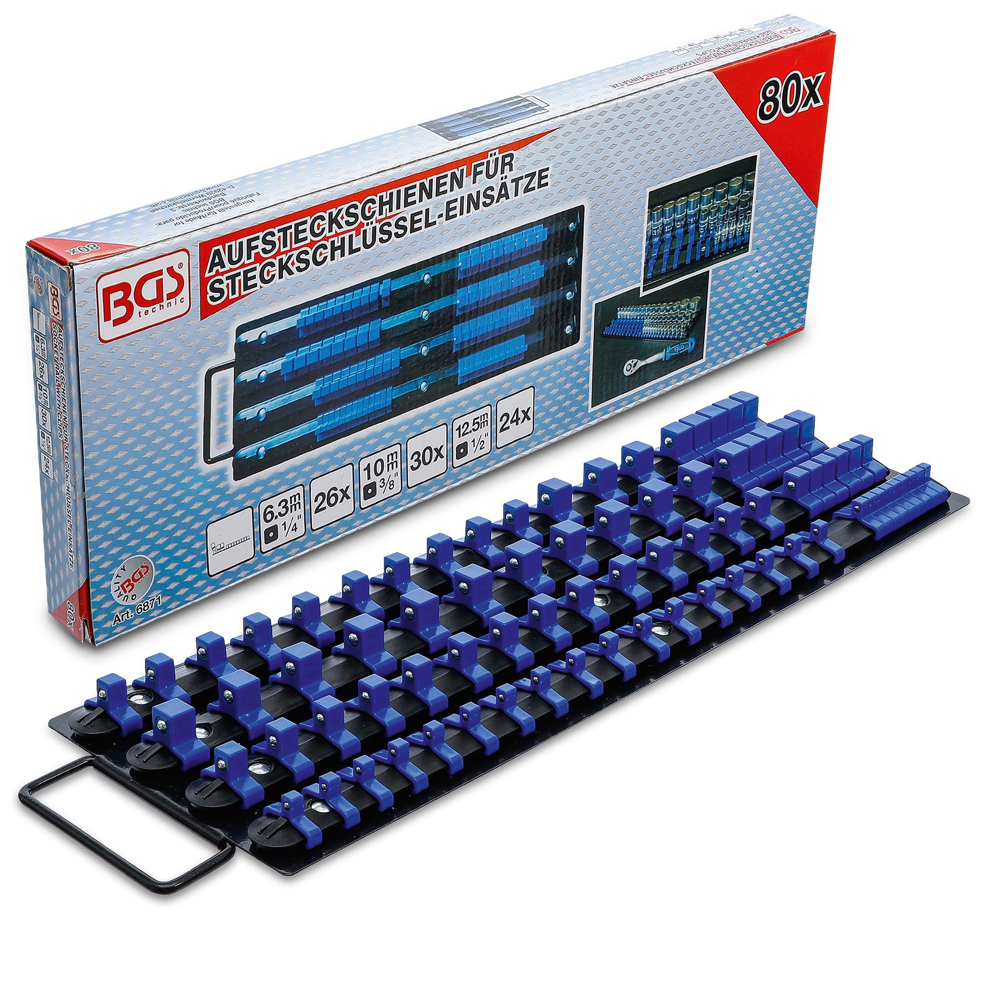 BGS 6871 | Slip-on rail Set for Sockets | with 80 Clips | for Sockets 6.3 mm (1/4") | 10 mm (3/8") | 12.5 mm (1/2")