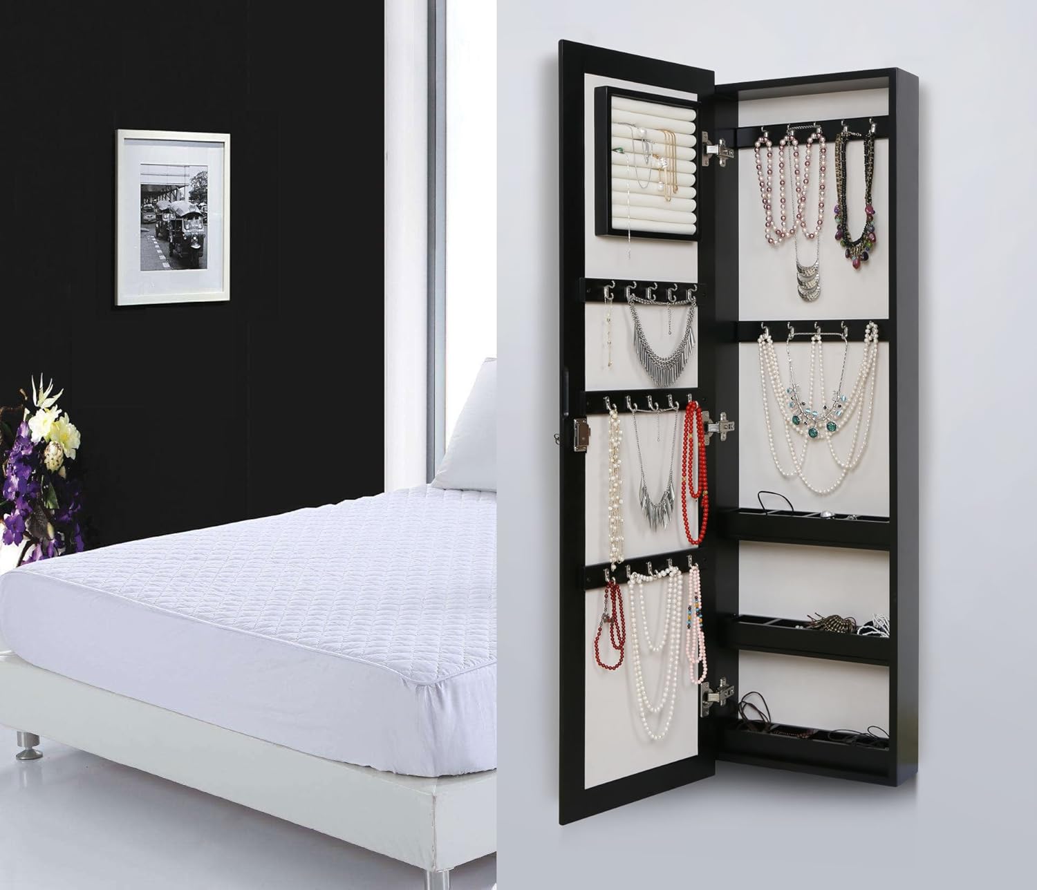 HLC Wood Wall Mounted Locking Wooden Jewellery Mirror Armoire 14.5W x