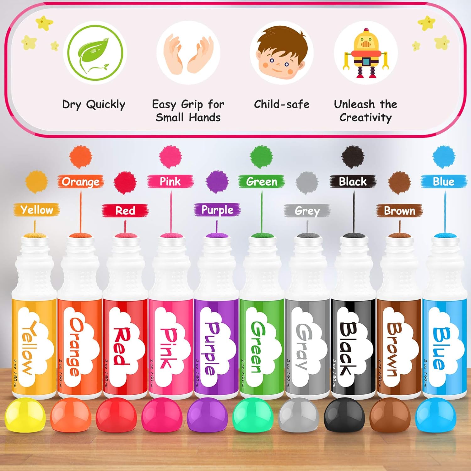 Washable Dot Markers for Toddlers Kids Preschool, 10 Colors 2 oz Kids Markers Set with 48 Pages Tearable Activity Book for Toddler Arts and Crafts Kits Supplies, Non-Toxic Water-Based Paint Dauber: Office Products