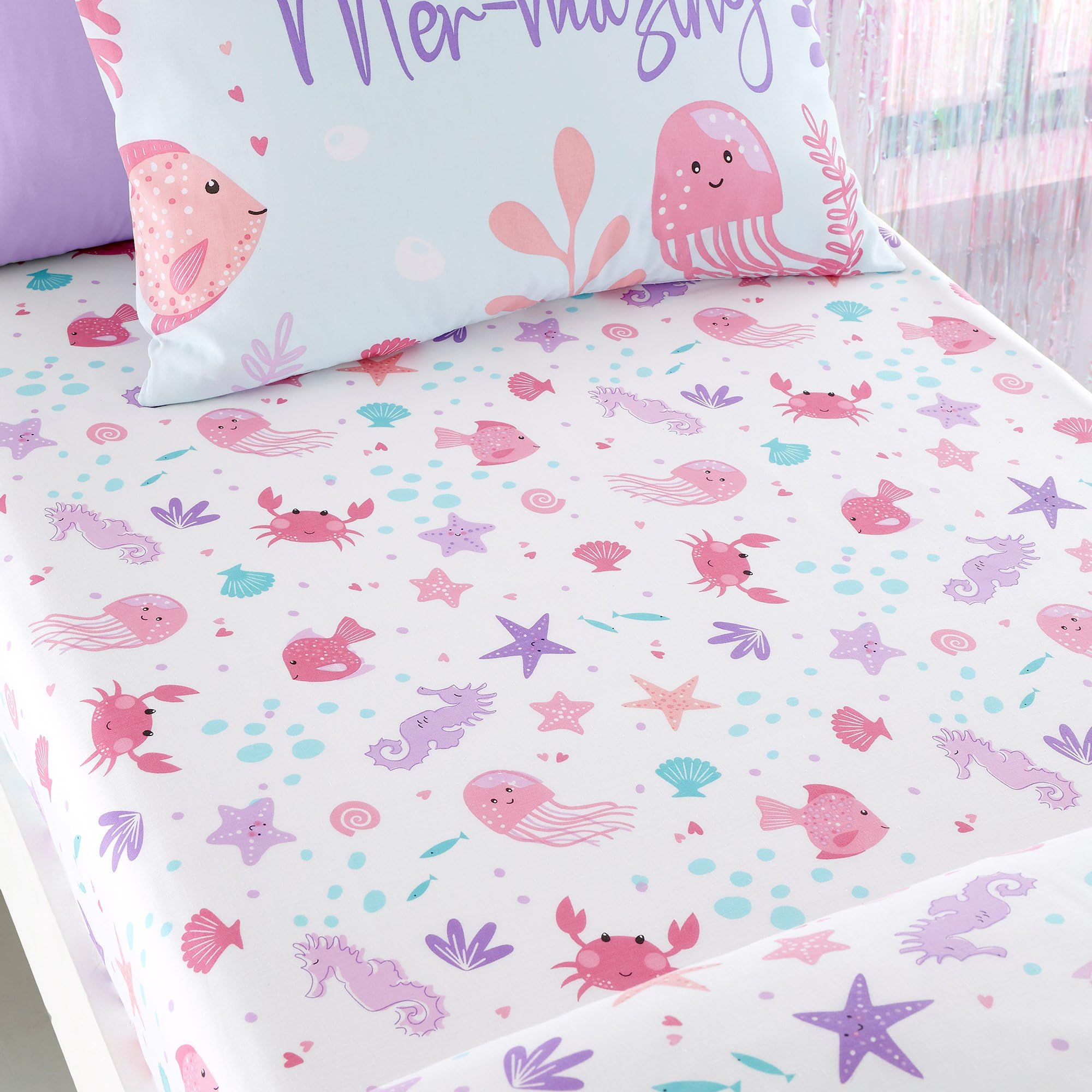 Bedlam - Pink Sea Animals Bed Sheets - Single Fitted Sheet (190 x 90 x 25cm) - Ocean/Sea Creatures Bedroom Accessories - Mermaid Vibes Collection, Agua