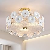 16" Gold Flower Ceiling Light, Glass Semi Flush Mount Ceiling Light, 3-Light Modern Drum Chandelier Ceramic Pendant Lighting 