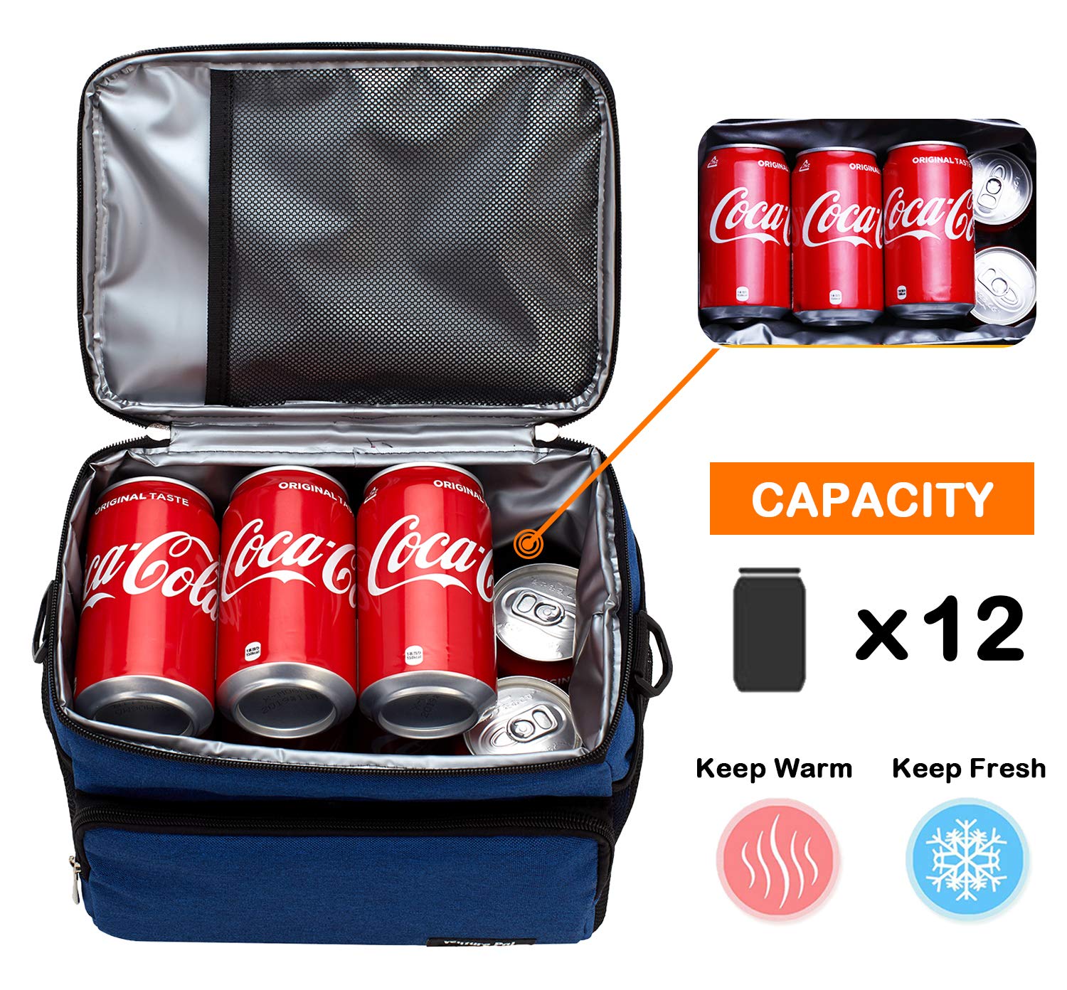 Insulated Cooler Lunch Bag Leak Proof Reusable - Office Work Picnic Hiking Beach Lunch Box Organizer with Adjustable Shoulder Strap for Men Women VP036-Blue