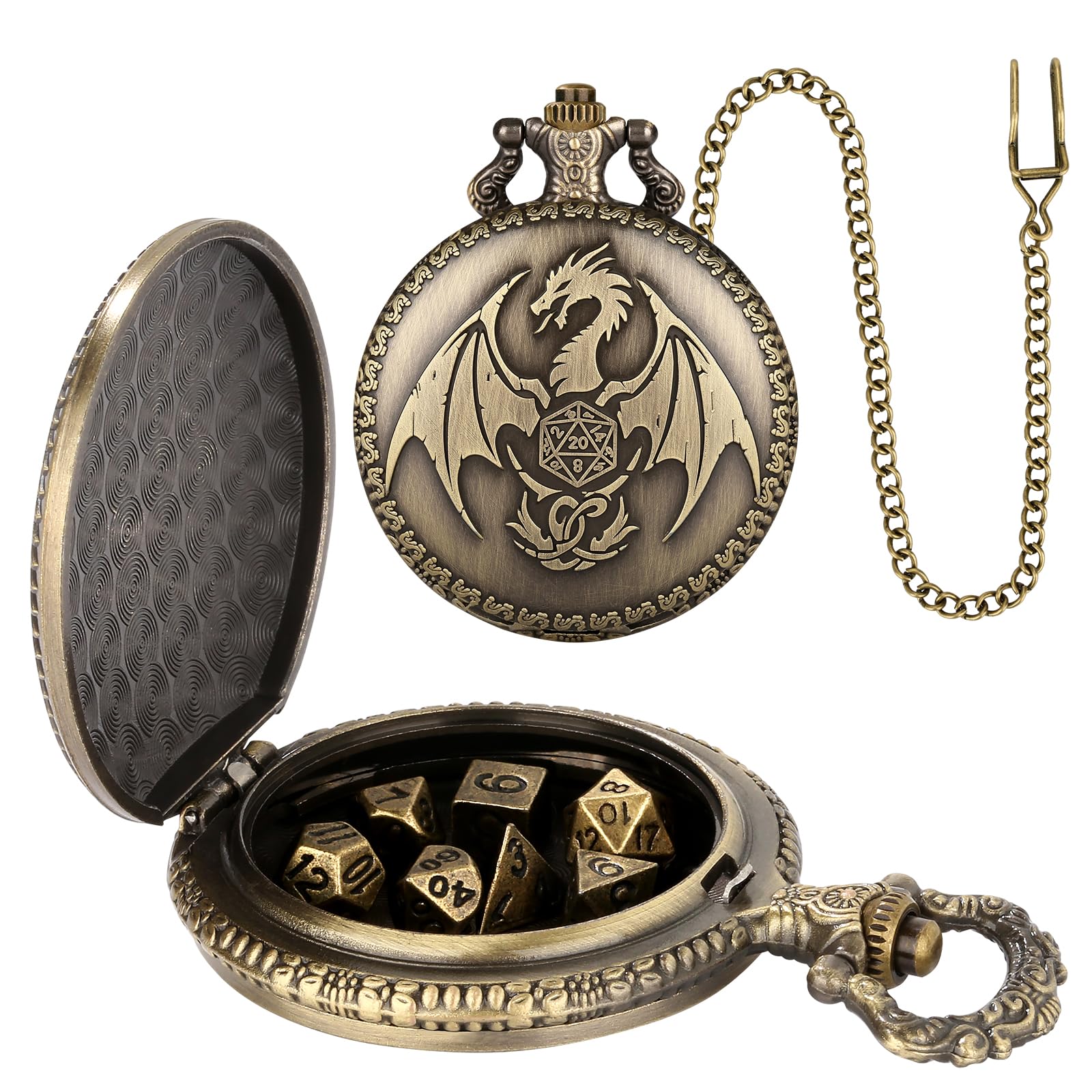 Mini DND Dice Set with Steampunk Dragon Pocket Watch Case, 7-Piece Polyhedral Metal D&D Dice Set, DND Gifts with Gift Box, Greeting Card, Role Playing Board Game Accessories Dice, Bronze
