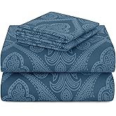 Hannah Linen Paisley Queen Sheet Set, 4 PC Soft Microfiber Wrinkle Free Sheets - Luxurious Printed Bed Sheets Includes Flat Sheet, Fitted Sheet with Deep Pockets, & 2 Pillowcases - Navy Blue