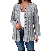 OYOANGLE Women's Plus Size Cable Knit Button Down Cardigan Sweater Crew Neck Knitted Outerwear Coats