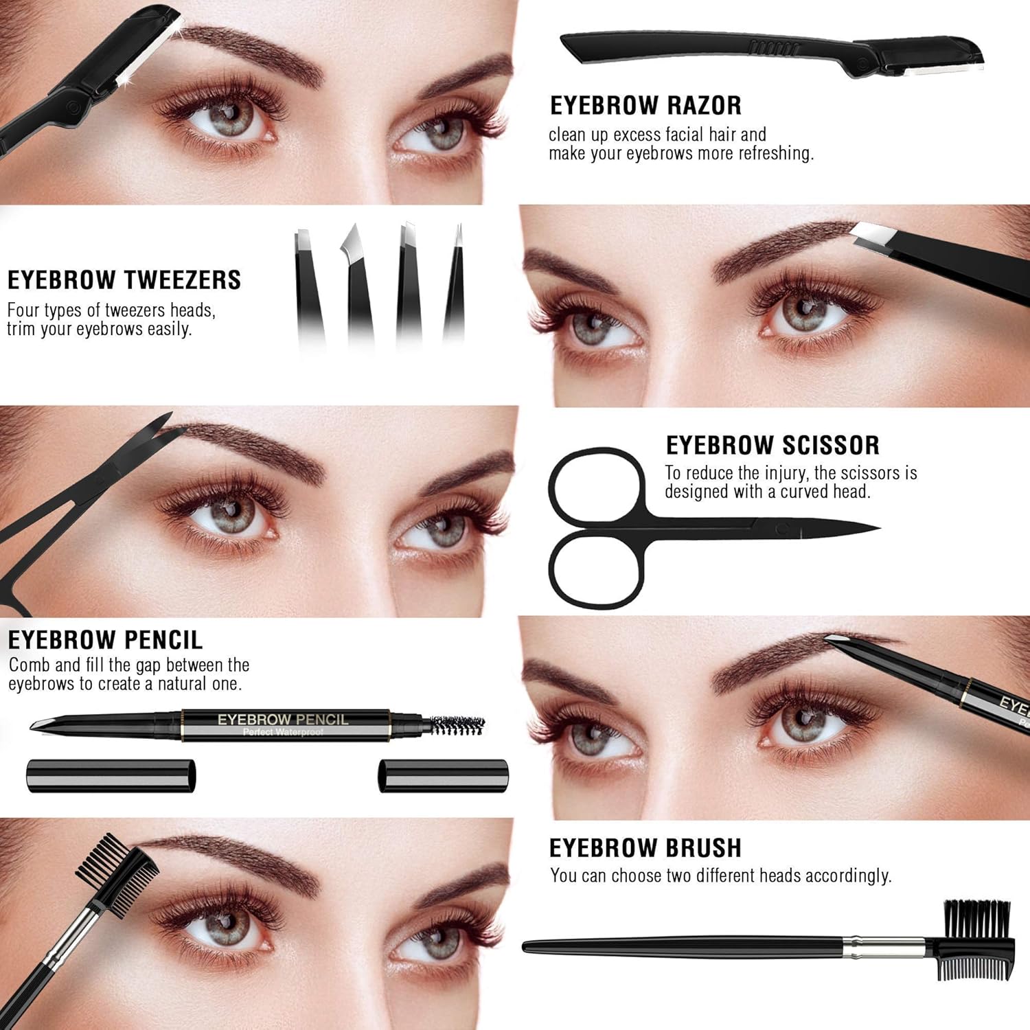 Eyebrow Kit, 8in1, Tweezers for Women and Men – Shaping, Grooming, Threading, Trimming Kit Including Razor, Pencil, Eyebrow Scissors and Brush with Portable Travel Case: Home Improvement
